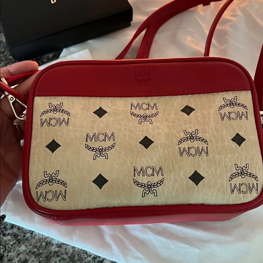 MCM Red and Cream Logo Crossbody Bag & Matching Card Holder